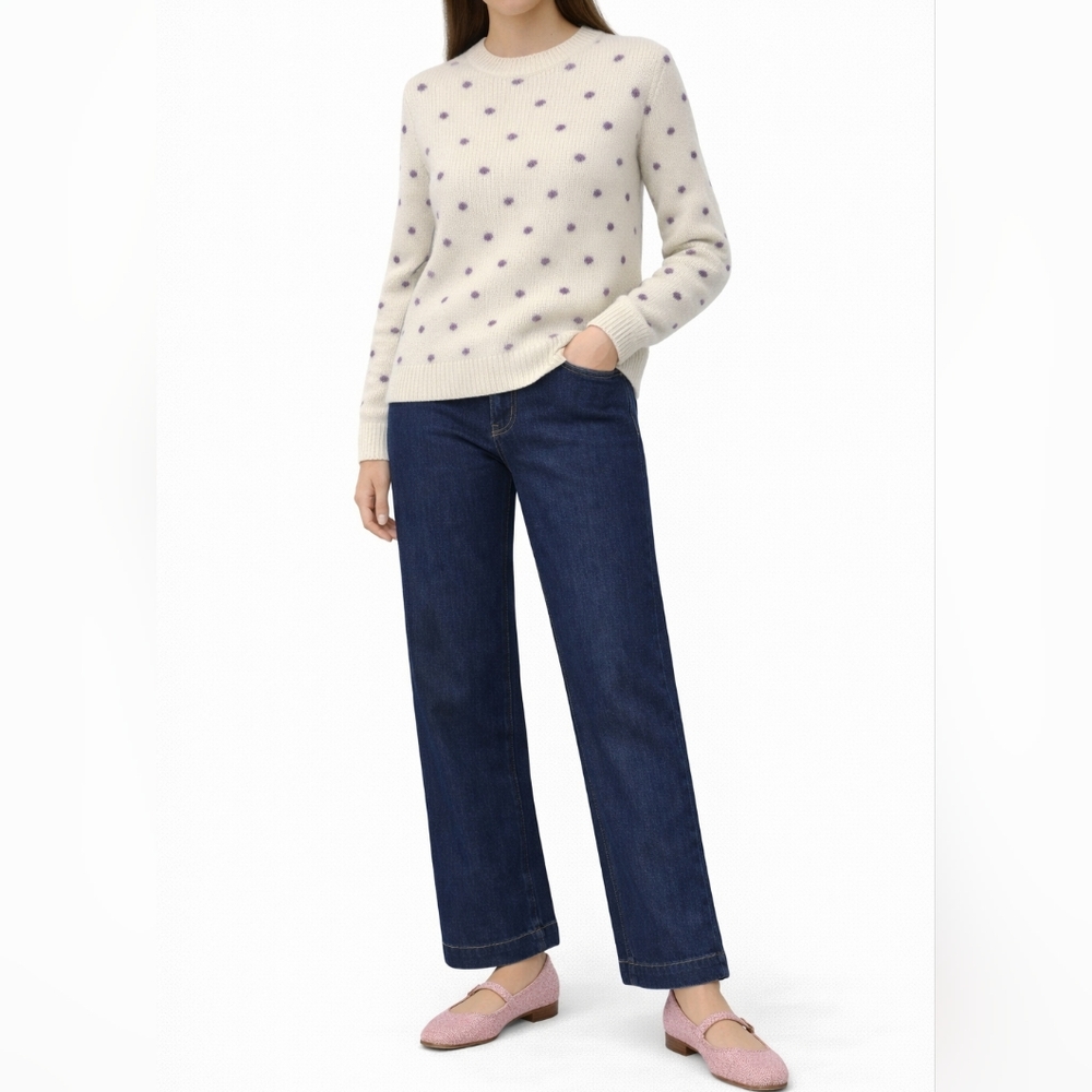 LOU & GREY Textured Metallic Dot Knit Sweater | M | Cream & Plum | Cozy Retro